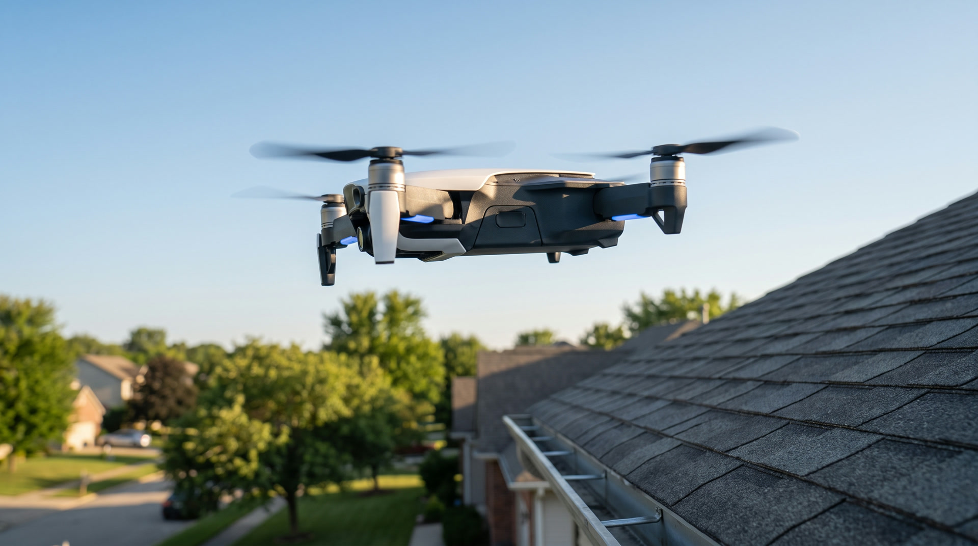 A drone flying a survey pass over a rooftop